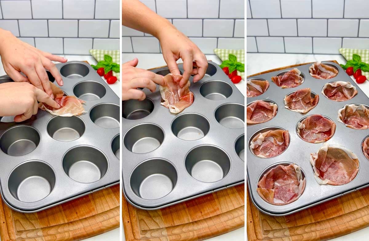 three step photo of a muffin tin on a wood cutting board showing placing prosciutto into each cup.
