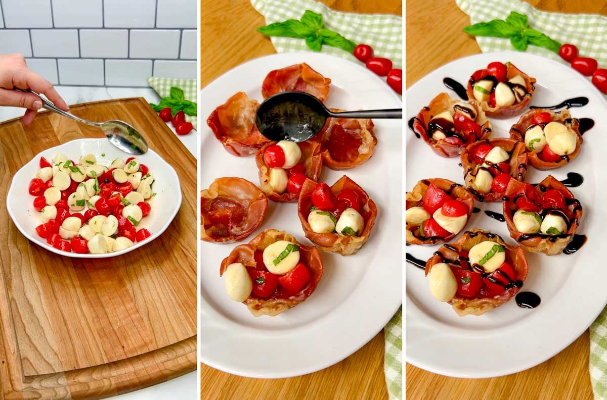 a three step photo showing stirring caprese salad together and then pouring it into prosciutto cups. balsamic glaze is then drizzling over top.