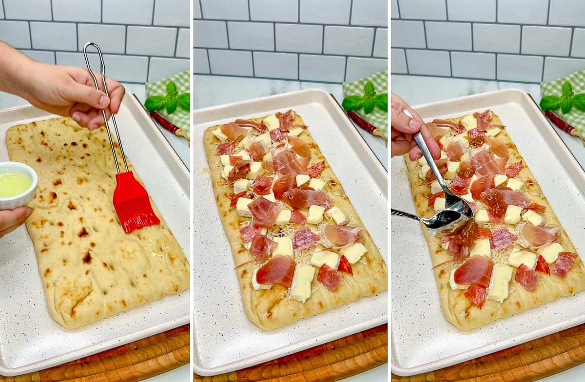 a three step photo of a kitchen counter. first brushing oil on the flatbread. second adding the cheese and meat on the flatbread. third dolloping fig jam on the flatbread.