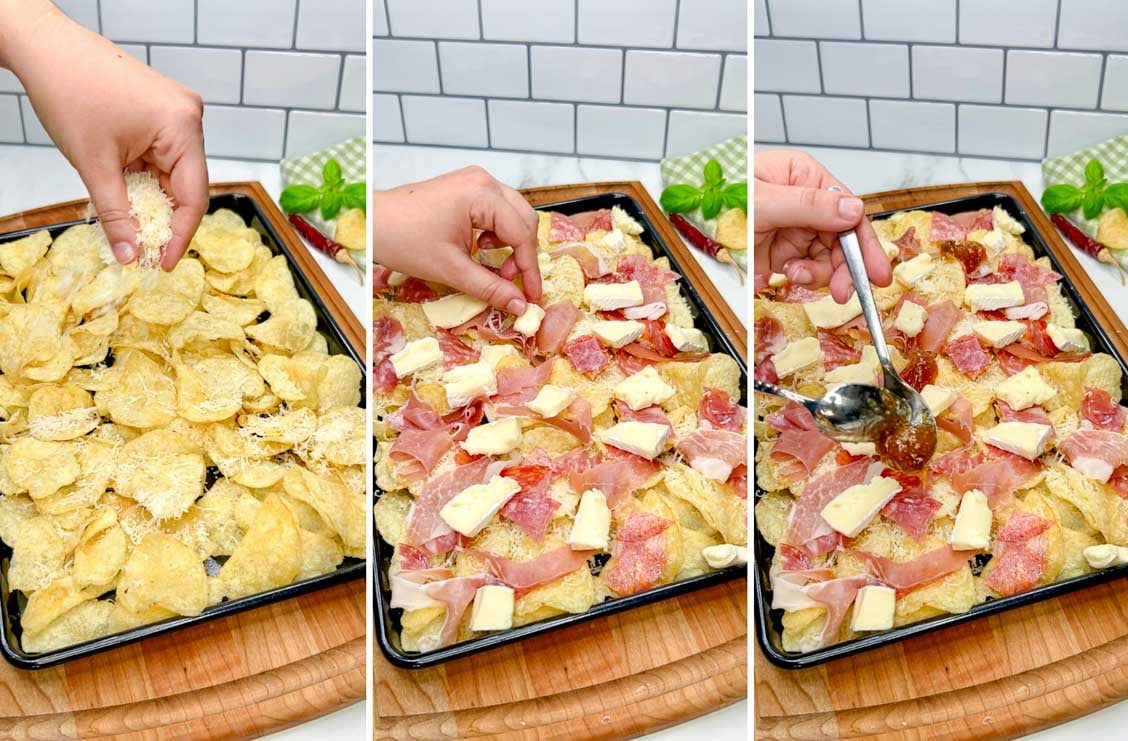 a three step photo of a baking tray on a wood cutting board. first putting parmesan cheese on top of chips. then adding sliced deli meat and cheese. last dolloping fig jam on top.