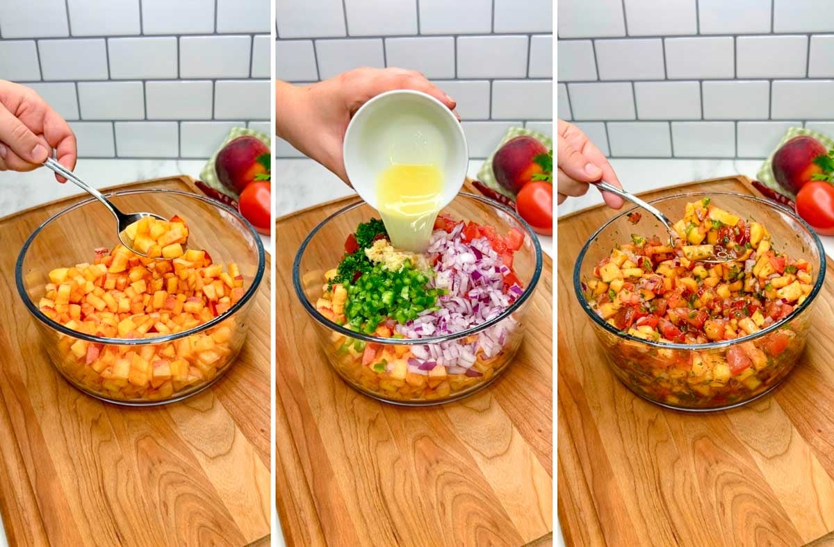 a three step photo showing diced peaches, a bowl with all the ingredients inside, and a final picture with a spoonful of peach salsa.