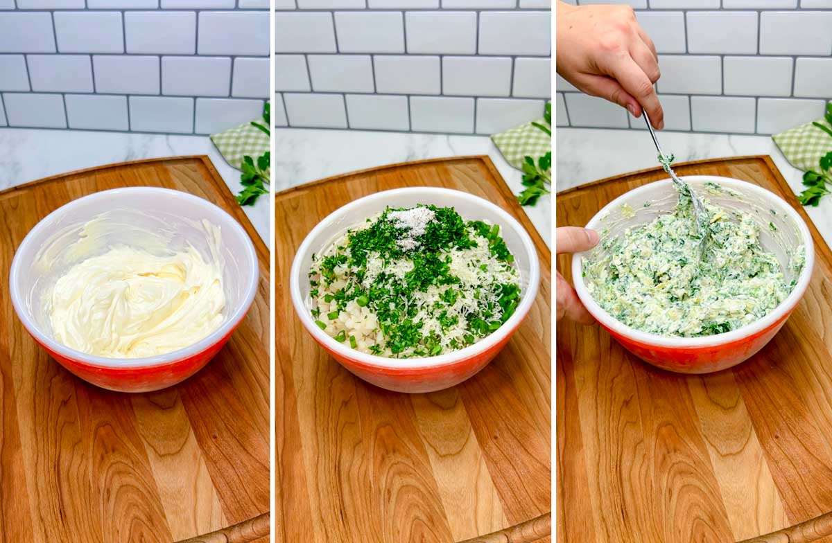a three step photo showing the three stages of stirring together the spinach artichoke dip until it is evenly combined in a bowl on a wood cutting board.