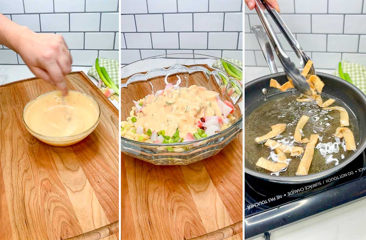 a three step photo of a kitchen counter. first showing stirring together the salad dressing. second showing the salad in a bowl. third showing deep frying wonton strips.