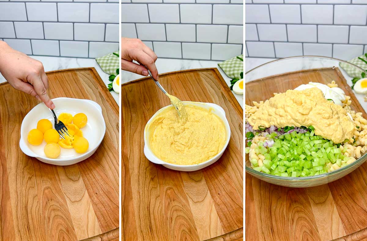 a three step photo of a kitchen counter. first mashing egg yolks. second stirring the salad dressing together. third the salad in a bowl.