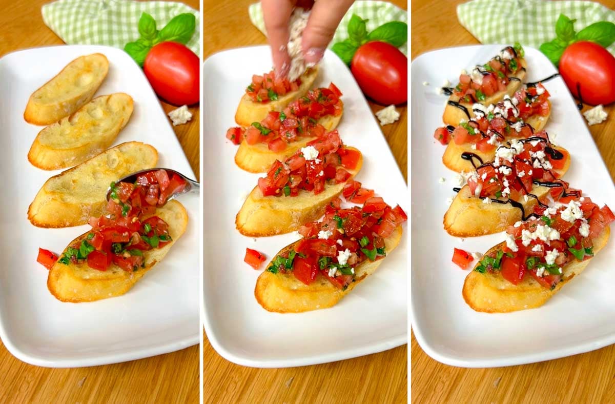 a three step photo on a wood kitchen counter showing layering the bruschetta mix on the toasted baguette, then topping with crumbled feta, then drizzling balsamic glaze over top.
