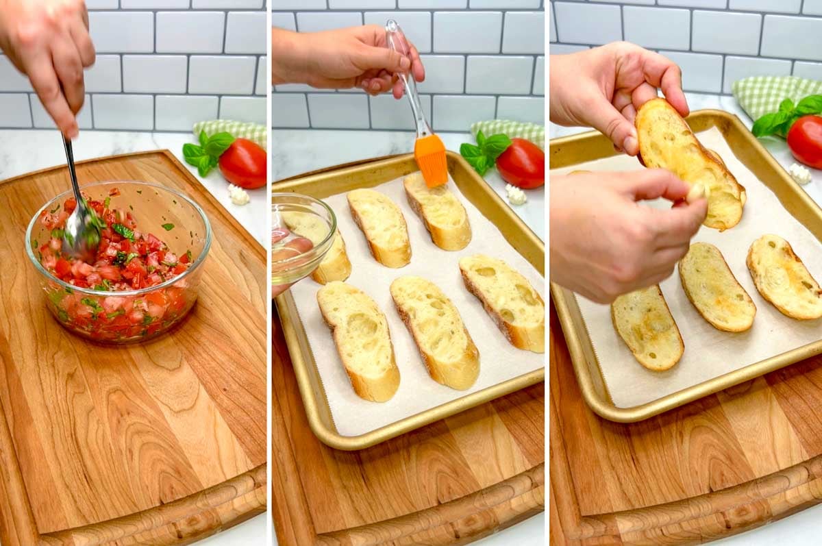 a three step photo of a kitchen counter with a wood cutting board. first stirring together a bruschetta topping. then brushing oil on sliced of baguette. then a garlic clove being rubbed on the toasted baguette slices.