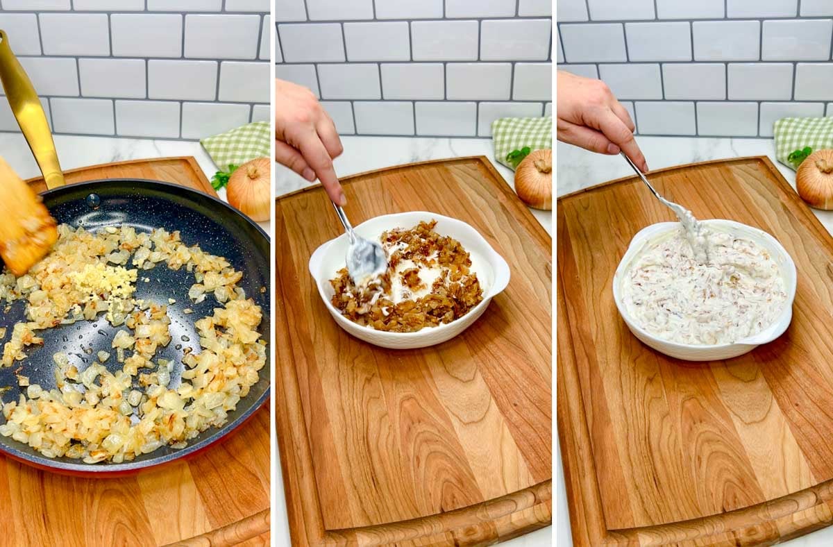 a three step photo on a wood cutting board. first showing caramelizing onions in a pan. second and third show stirring the dip together in a bowl.