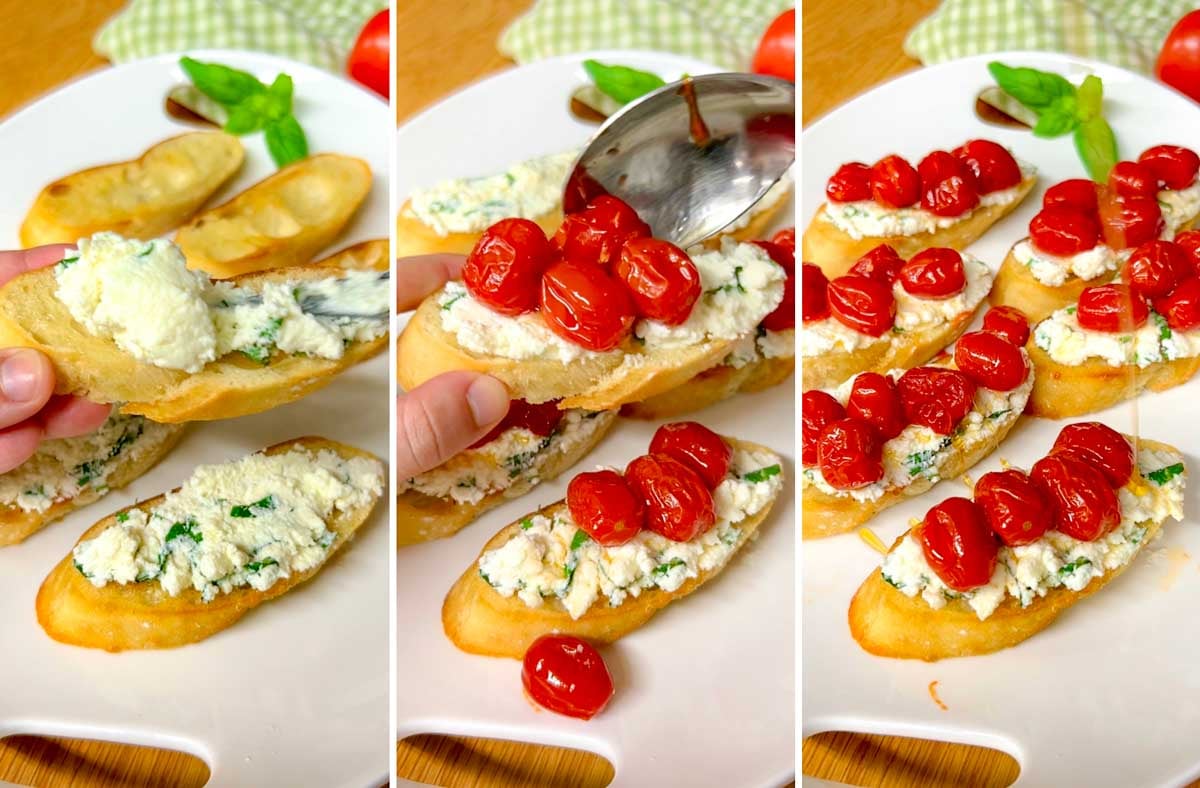 a three step photo showing spreading basil ricotta, cherry tomatoes and hot honey on a baguette to make hot honey roasted bruschetta.