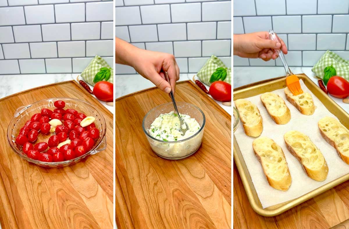 a three step photo showing the recipe cooking steps. first showing cherry tomatoes and garlic in a roasting pan. second shows stirring basil ricotta together. third shows brushing oil on slices of baguette on a sheet pan.
