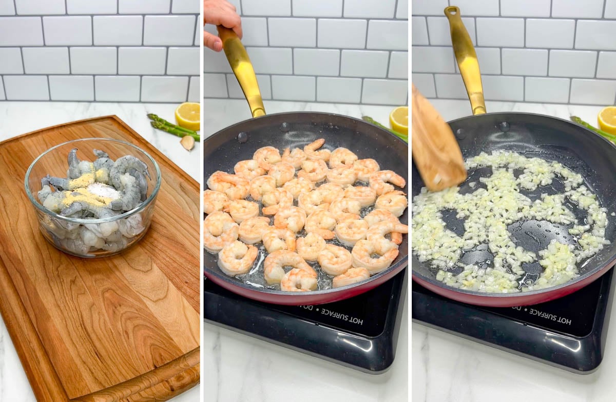 a frying pan shows cooking the shrimp on a counter top