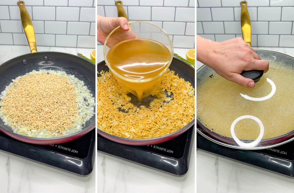 a frying pan is simmering the orzo pasta