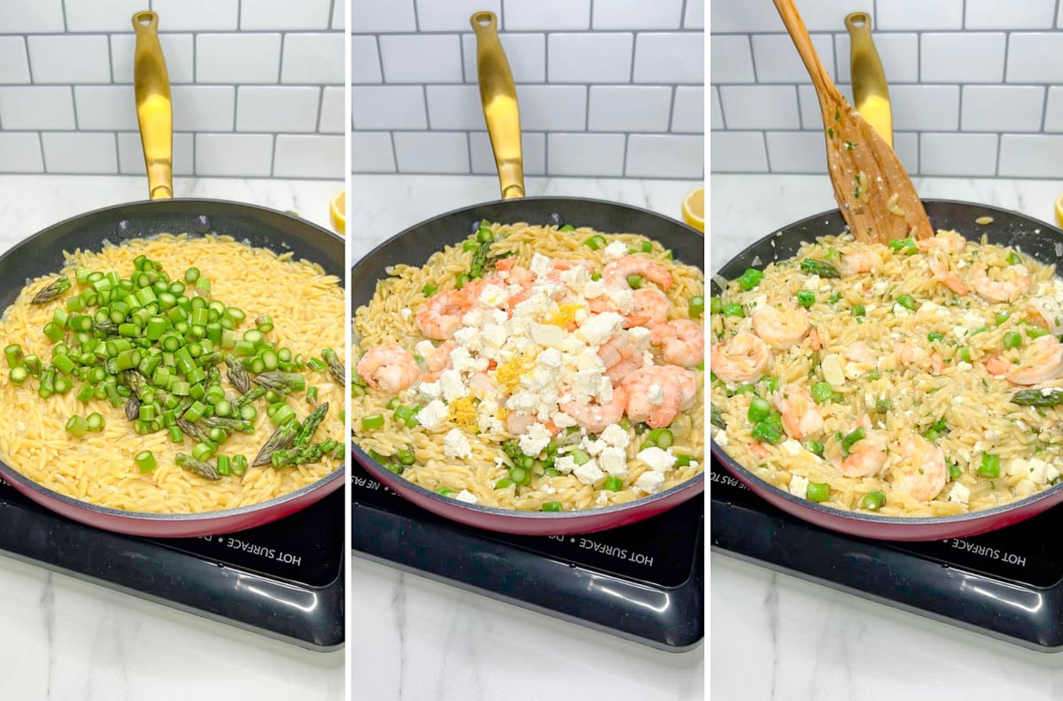 the lemon feta shrimp orzo is cooking in a frying pan on a kitchen counter