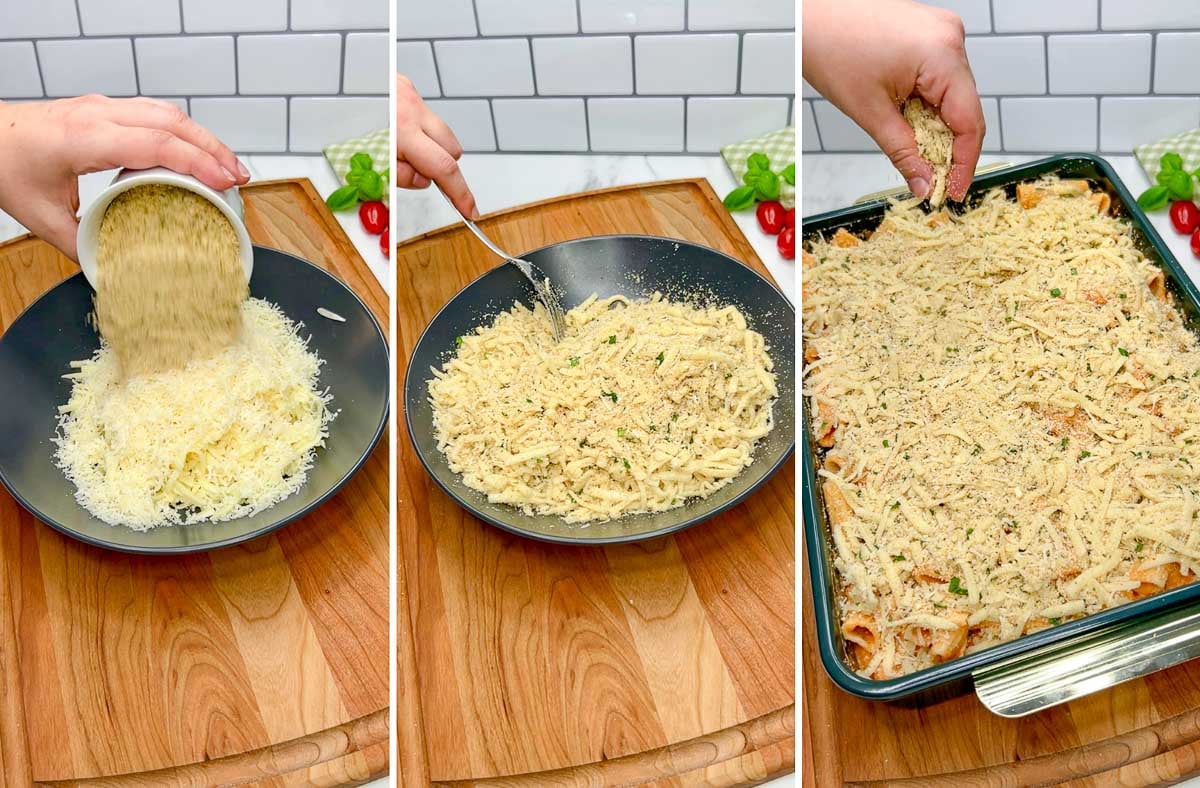 a three step photo on a kitchen counter. first shows combining the topping ingredients. second shows the topping stirred together. third shows the topping being spread over the pasta.