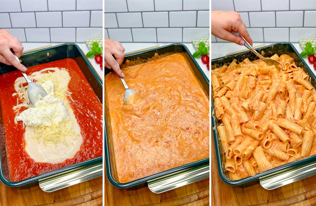 a three step photo on a kitchen counter. first and second showing stirring together the pasta sauce. third shows the pasta stirred in.