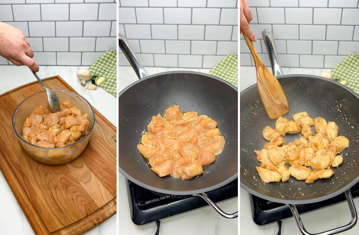 a three step photo showing marinating chicken, then pan frying it in a wok on a wood cutting board to make panda express mushroom chicken copycat