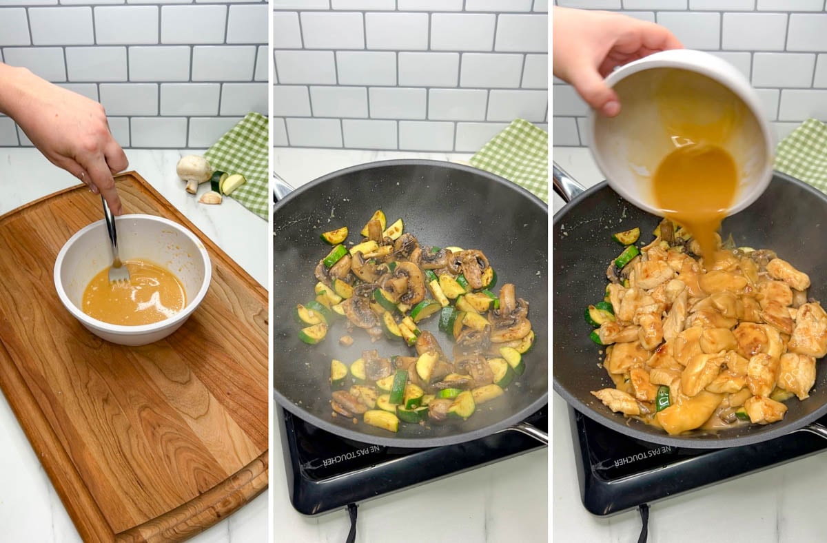 a three step photo showing making the sauce and then stir frying it with vegetables in a wok to make panda express mushroom chicken copycat