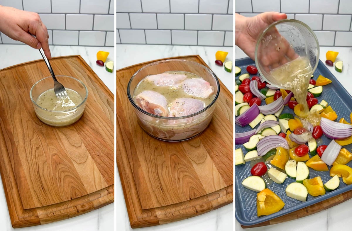 a three step photo of a wood cutting board on a kitchen counter. first mixing the marinade together. second marinating chicken thighs. third pouring the sauce over vegetables on a sheet pan.