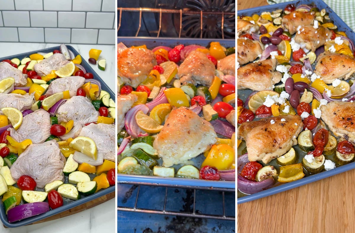 a three step photo. first showing chicken on a sheet pan with vegetables. second shows it cooking in the oven. third shows it finished off with feta cheese.