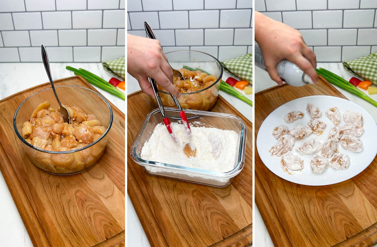 a wood cutting board has a bowl on top showing marinating the chicken, then coating in flour cornstarch mixture, then on a plate being sprayed with cooking spray