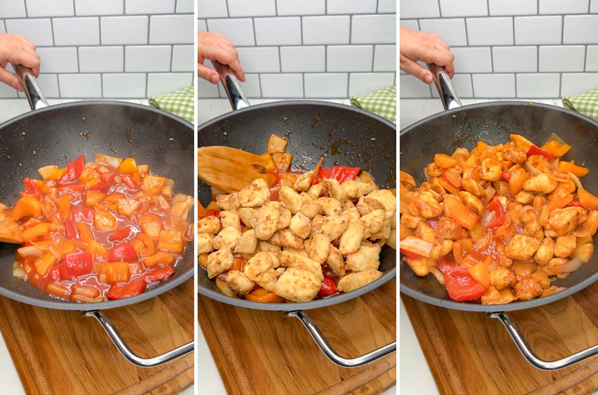 a wok is on a wood cutting board showing the stir fry cooking