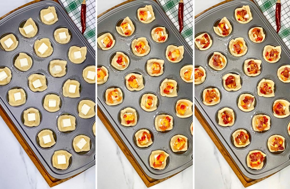 3 step photo showing adding cream cheese, then pepper jelly, then bacon to the muffin tin cups.