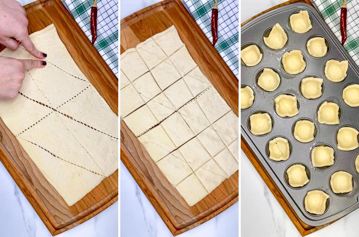 a three step cooking photo. first showing pastry. second cut pastry into 24 pieces. this place pastry into mini muffin tin.