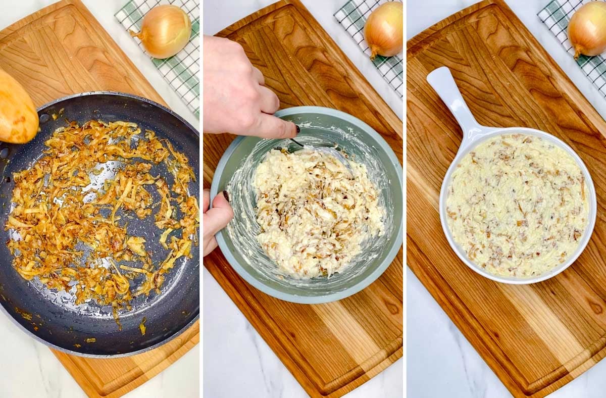 a three step cooking photo. first showing caramelizing onions in a pan. second is mixing the dip together. third is the dip in a baking dish