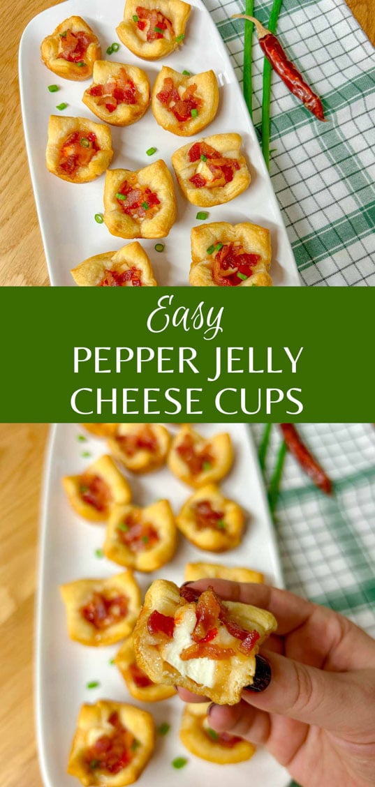 a white platter has bacon pepper jelly cheese cups garnished with green onions