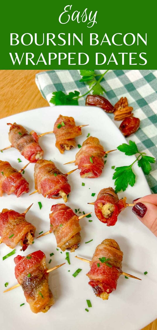 a white plate had boursin stuffed bacon wrapped dates on it and garnished with chopped parsley.
