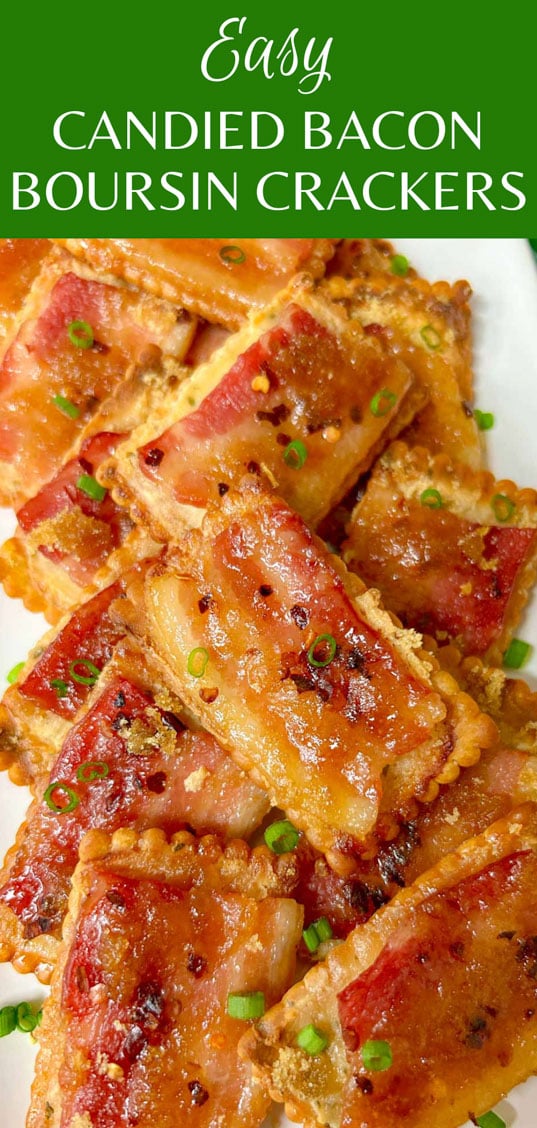 a white plate has candied bacon boursin crackers on top and garnished with green onions