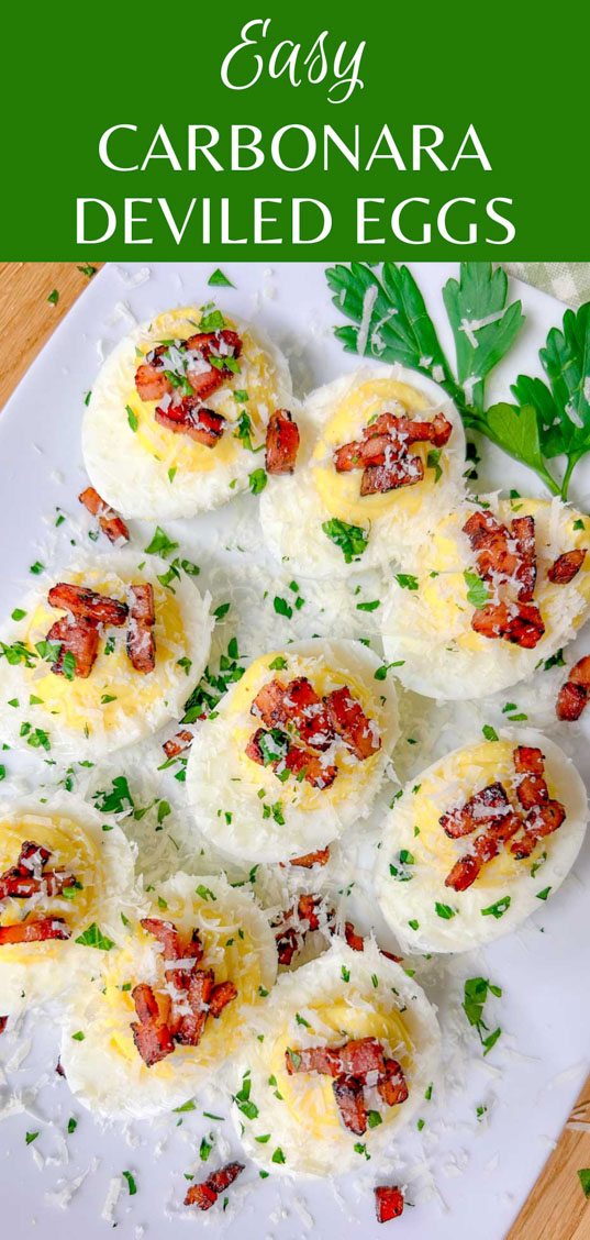 a white serving platter is filled with carbonara deviled eggs that are topped with crispy pancetta, grated parmesan cheese, and fresh parsley