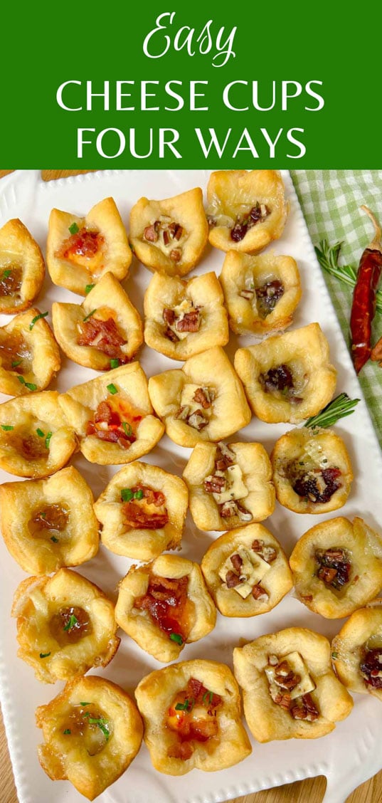 a white platter with 4 different flavors of baked cheese cups.