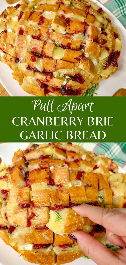 a loaf of cranberry brie pull apart garlic bread it on a white platter and garnished with rosemary