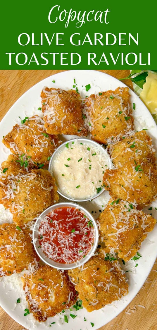 a white platter is filled with toasted ravioli, a bowl of marinara sauce, and a bowl of alfredo sauce. it is all topped with parmesan cheese and parsley