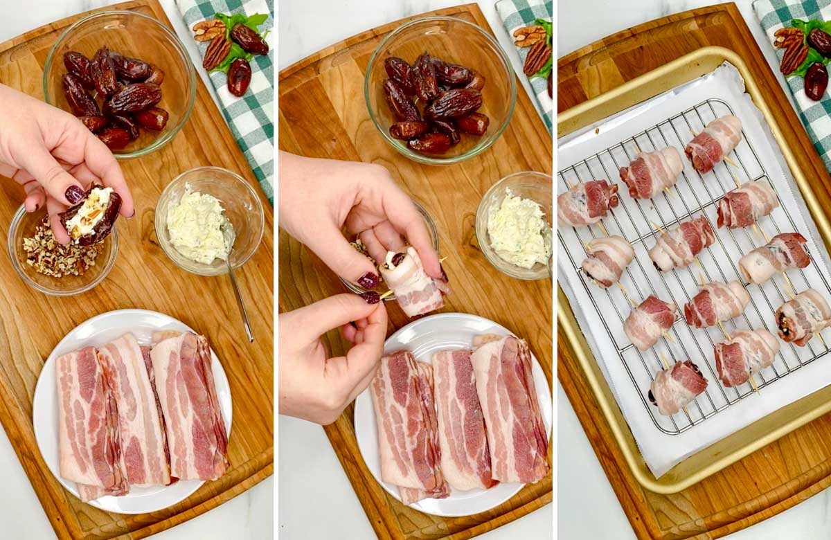 a three step photo. first showing stuffing a date with goat cheese and pecans. second wrapping the date with bacon. third the dates on a wire rack on a baking tray