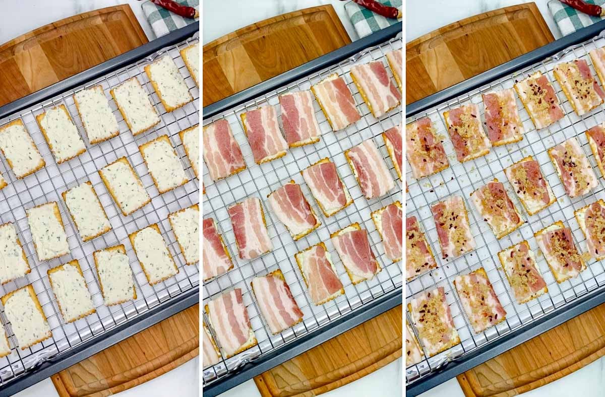 a three step photo first showing crackers with cheese spread on top, second bacon on top, third with brown sugar and red pepper flakes on top