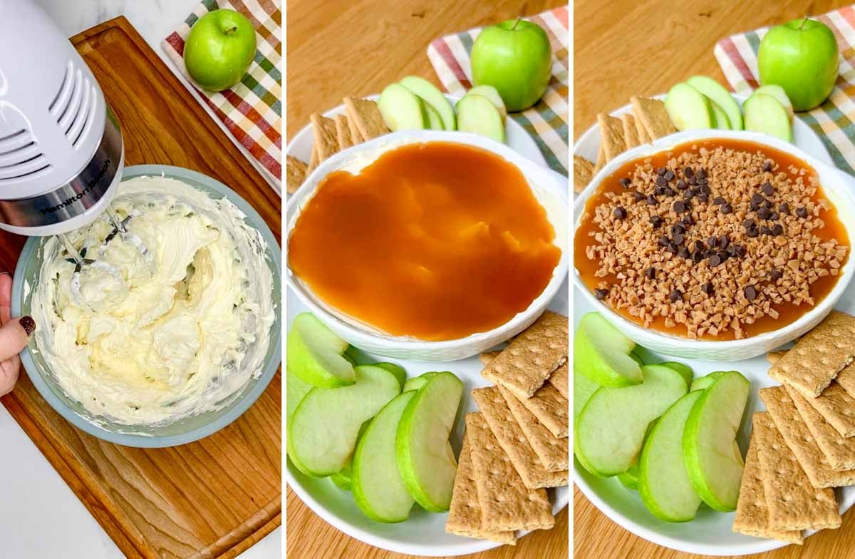a three step cooking photo. first showing mixing the cheesecake dip together. second showing the caramel sauce poured on top. third showing the toffee bits and chocolate chips on top