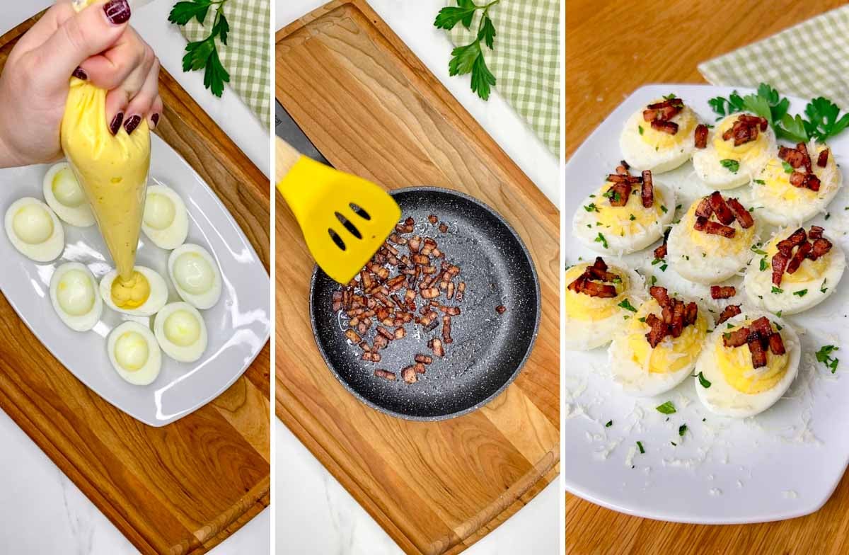 a three step cooking collage. first showing piping the filing into egg whites, second showing the crispy pancetta in a frying pan, third showing the deviled eggs on a platter