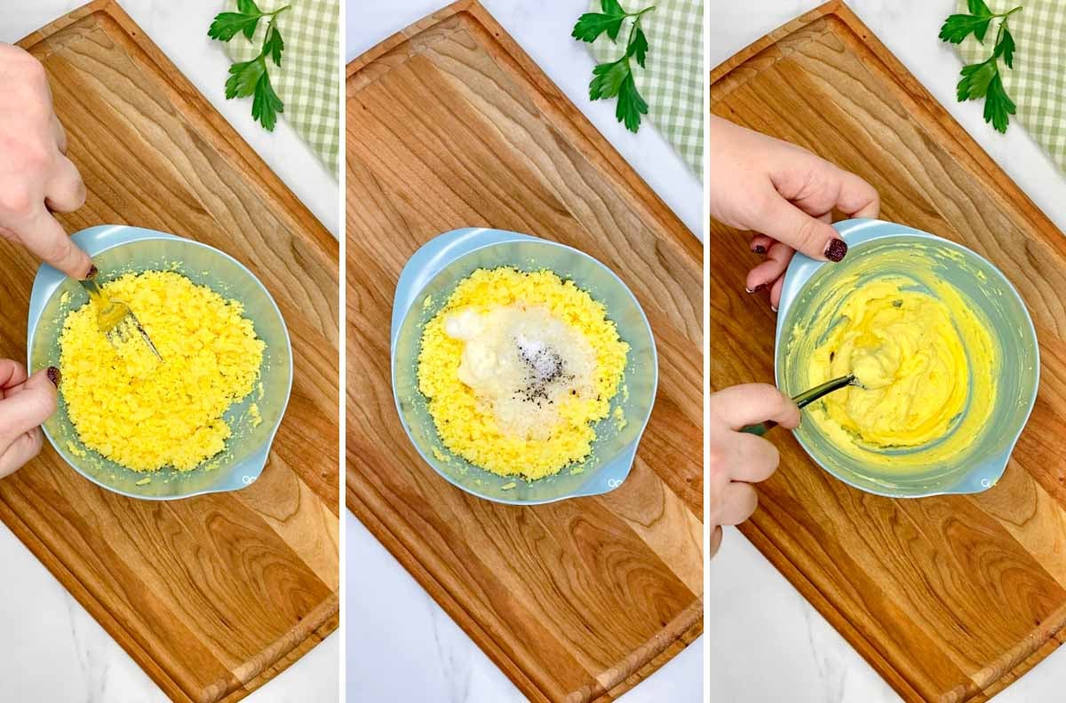 a three step photo showing a wood cutting board and bowl stirring together the deviled egg filling