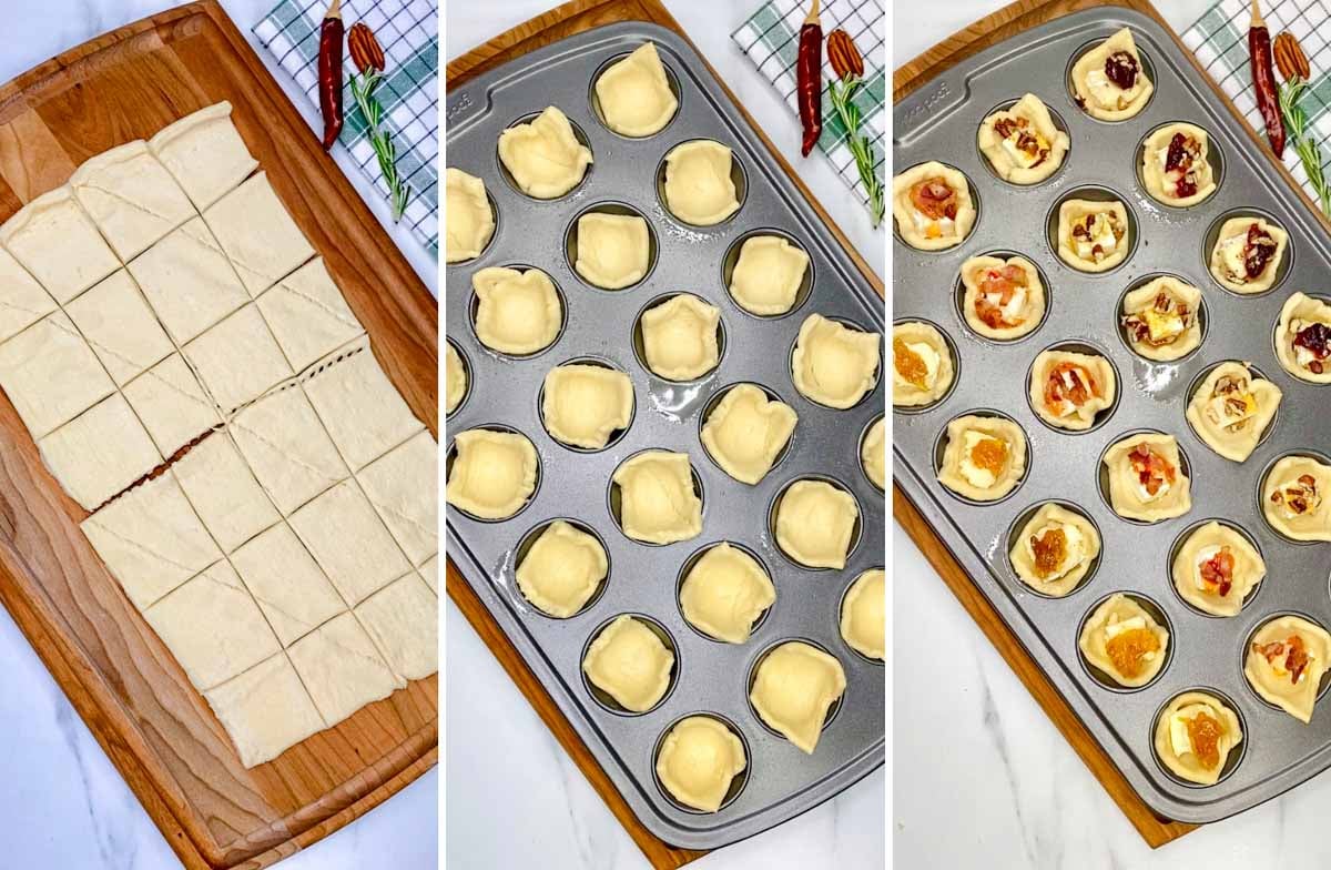 a three step cooking photo. first showing cutting the dough into 24 squares. second showing the dough pressed into the muffin tin. third the cups are filled with the cheeses and jams