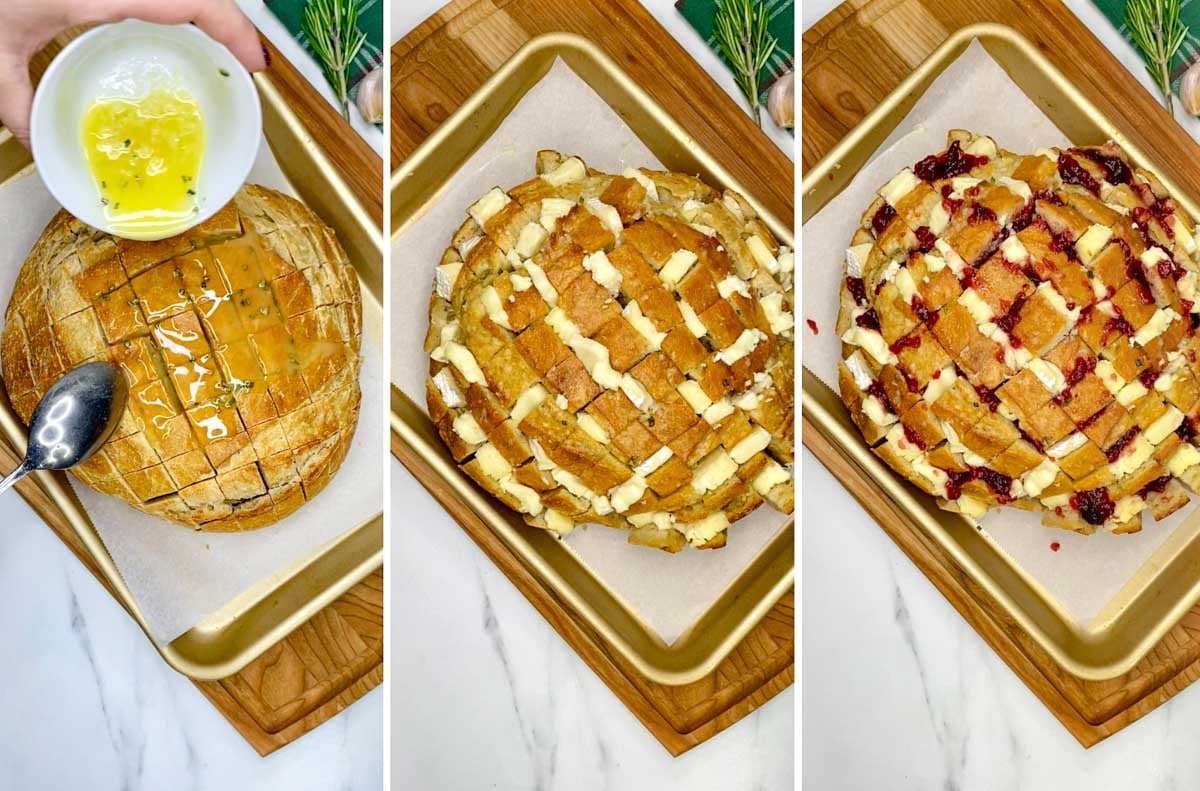 a three step cooking photo. first showing spreading the garlic butter on the bread. second showing adding the brie between the bread. third showing adding the cranberry sauce to the bread.