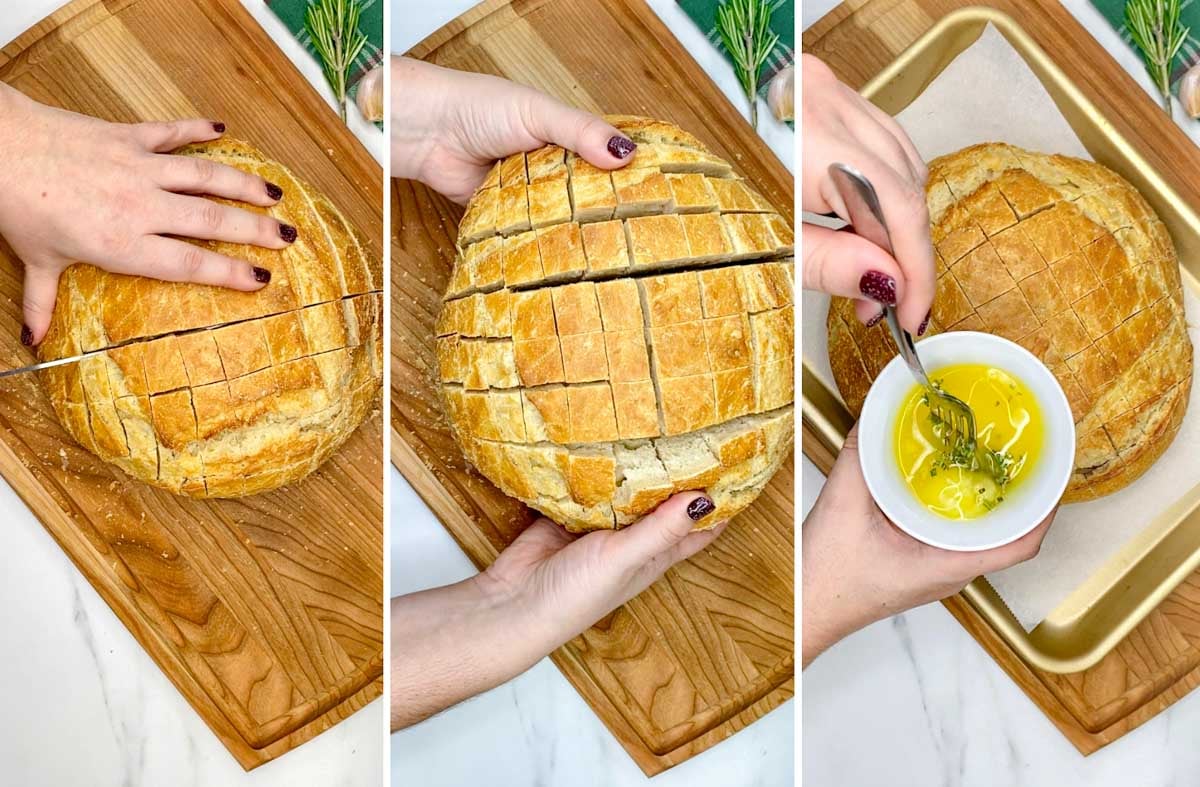 a three step cooking collage. first showing slicing the loaf of bread, second fanning out the loaf of bread, and this mixing the garlic butter