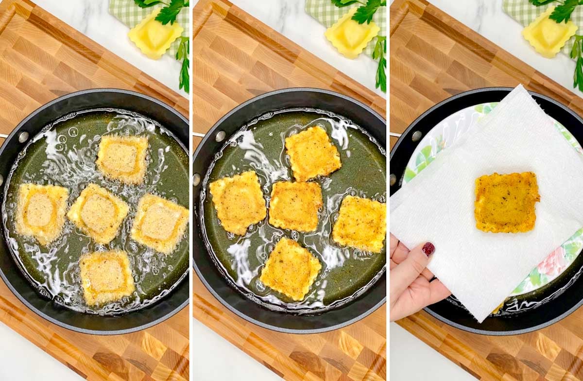 a three step photo first showing pan frying ravioli, then flipping them, then draining on a plate with a paper towel