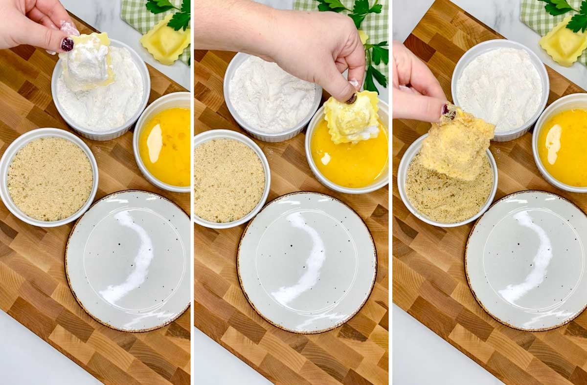a three step cooking photo showing coating the ravioli first in flour, then egg, then breadcrumbs.