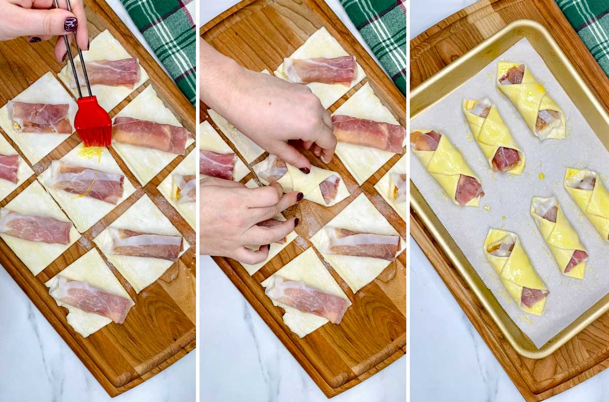 a three step cooking photo. first showing brushing whisked egg on a corner of pastry. second is wrapping the pastry closed. third is brushing egg on all the pastries.