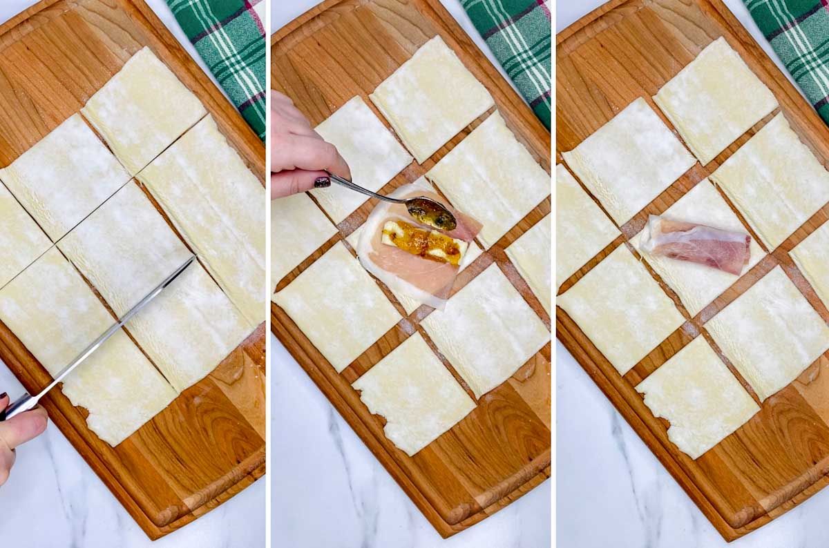 a three step cooking photo. first showing puff pastry cut into 9 squares. second prosciutto brie and fig jam are layered. third the prosciutto is wrapped around the brie.