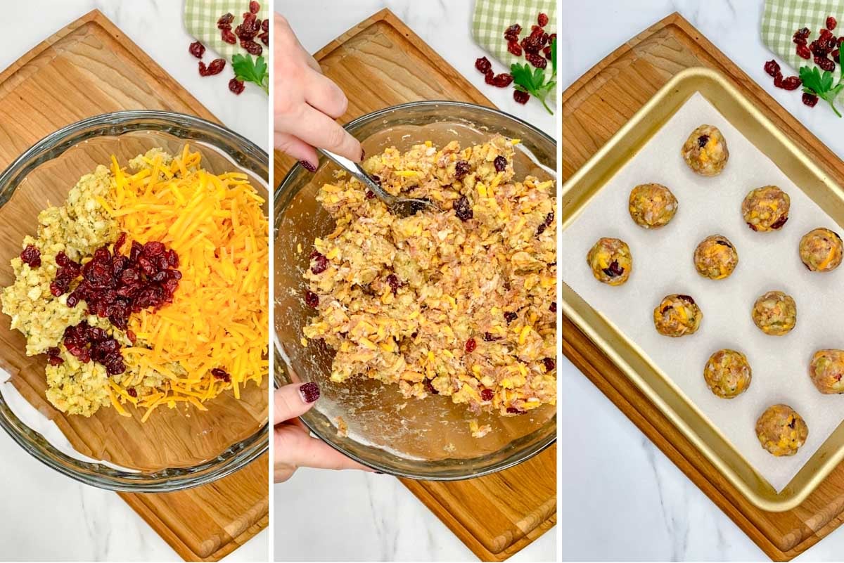a three step photo. first and second images showing mixing the meatball mixture together, third step showing the meatballs on a baking tray lined with parchment paper