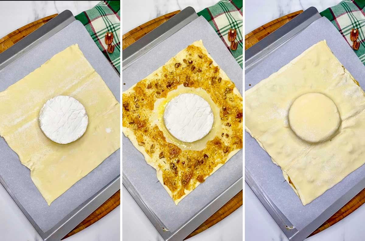 three step cooking photo. first a wheel of brie on puff pastry. second fig jam spread on the pastry. third another sheet of pastry placed on top.