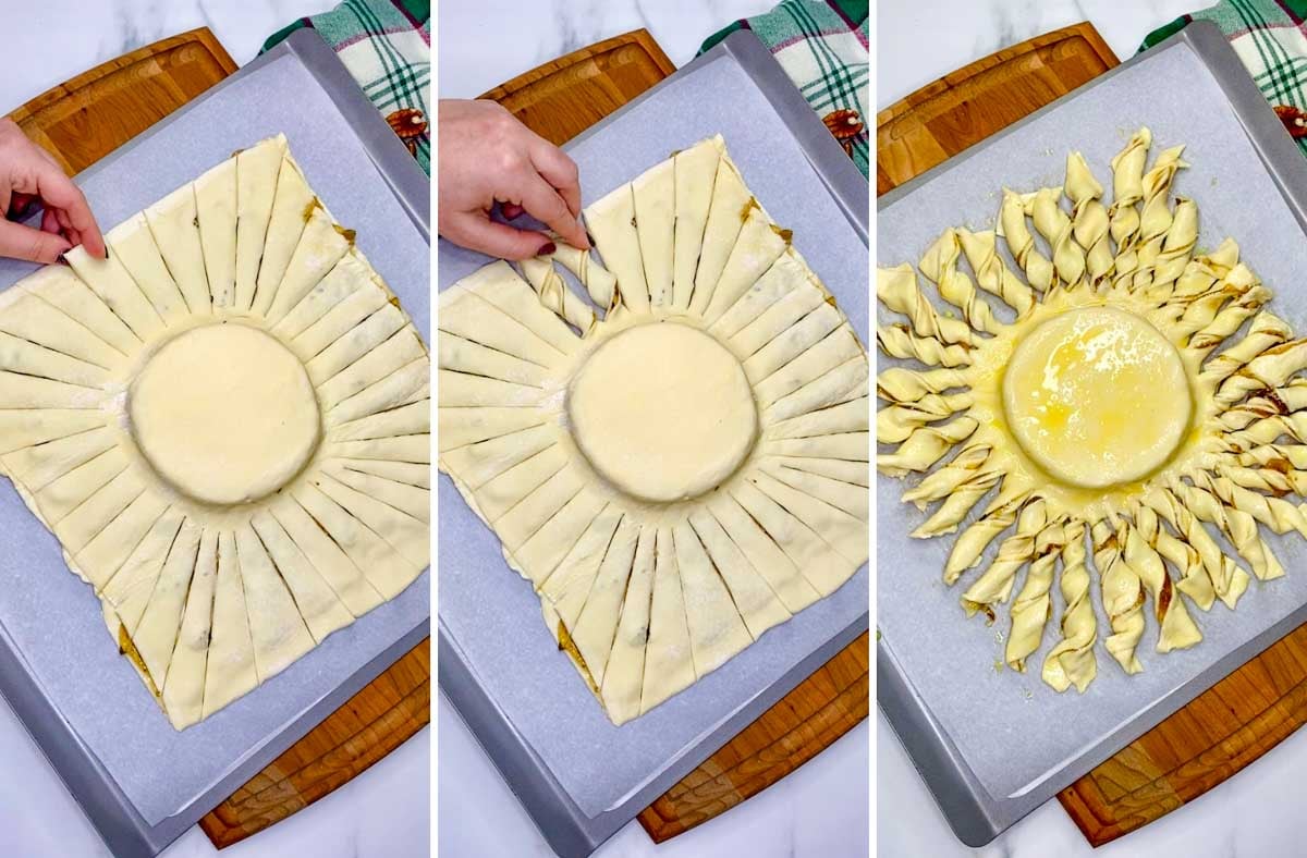 a three step cooking photo. first the pastry is all sliced. second the pastry is twisted. third the pastry is all twisted and egg wash brushed on top.
