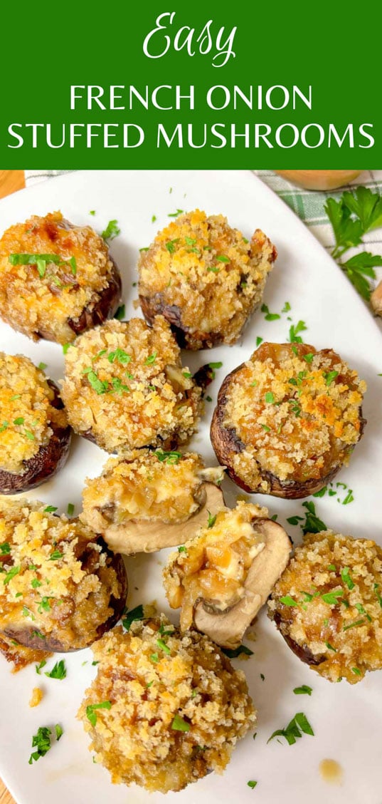 a white plate is filled with French onion stuffed mushrooms and garnished with parsley. 